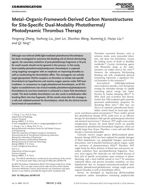Metal–Organic-Framework-Derived Carbon Nanostructures for Site-Specifc Dual-Modality Photothermal/Photodynamic Thrombus Therapy